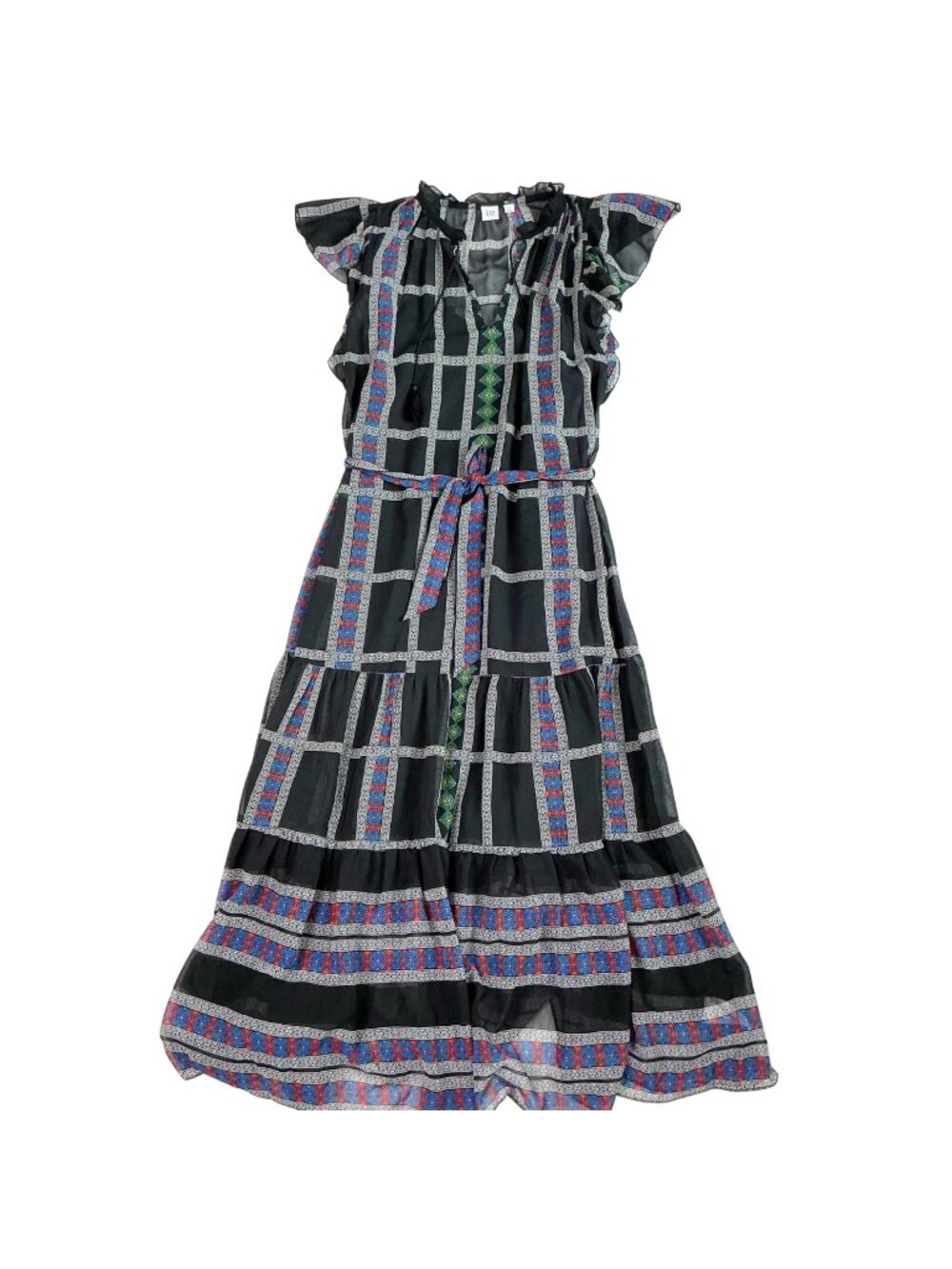 Gap Womens Black Boho Geometric Print Midi Dress Flutter Sleeve Tie Waist XS